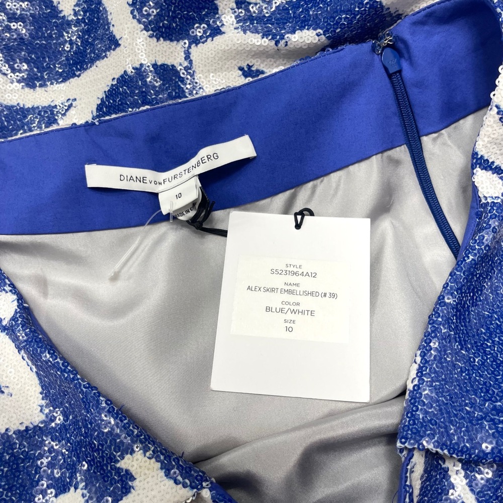 Diane Von Furstenberg Floral Sequin Drape Skirt In White & Blue Size 10 - Picture 10 of 14